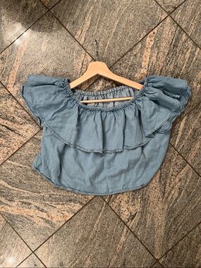 Zara Boho dainty fairy whimsical denim Blue Off-Shoulder Ruffle Crop Top
